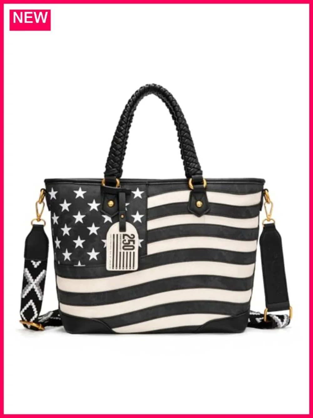 Vintage Patriotic Tote Bag with Braided Handles and Detachable Woven Strap